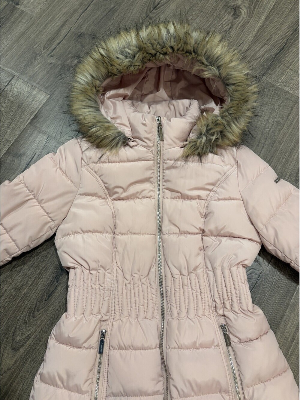 Laundry By Shelli Segal Women 3/4 Puffer Cinched Waist Faux Fur Hood Pink Sz M - Picture 2 of 9